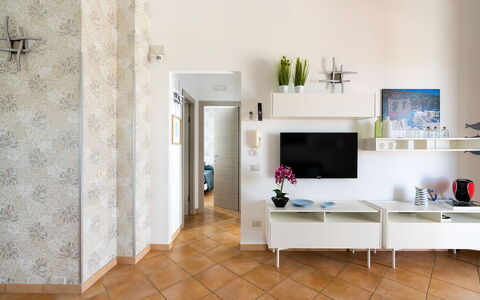 Unterkunft Calantha: Esszimmer, Küche, Wohnzimmer